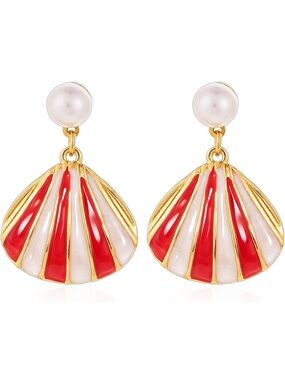 Anthropologie Gold Shell Drop Earrings with Red and Pearl Accents